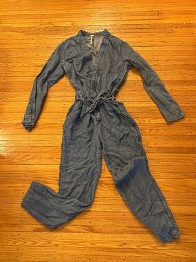 Free People Washed Blue Denim Jumpsuit with Tie Waist